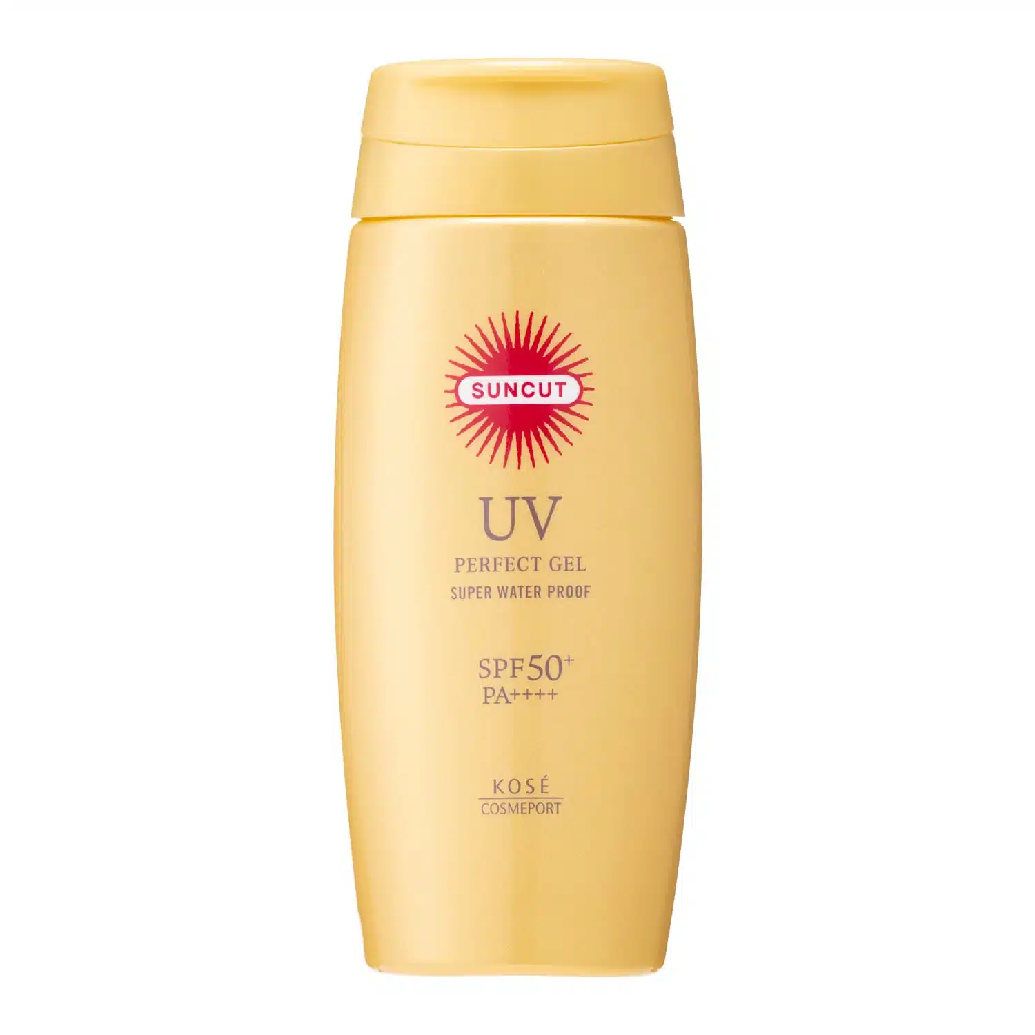 White‑background product shot of KOSE Suncut UV Perfect Gel SPF 50+ PA++++ – a clear, lightweight Japanese sunscreen in a 100 g squeeze tube, branded with gold and blue accents, representing its super‑waterproof, broad‑spectrum sun protection ideal for humid Ghanaian climates.